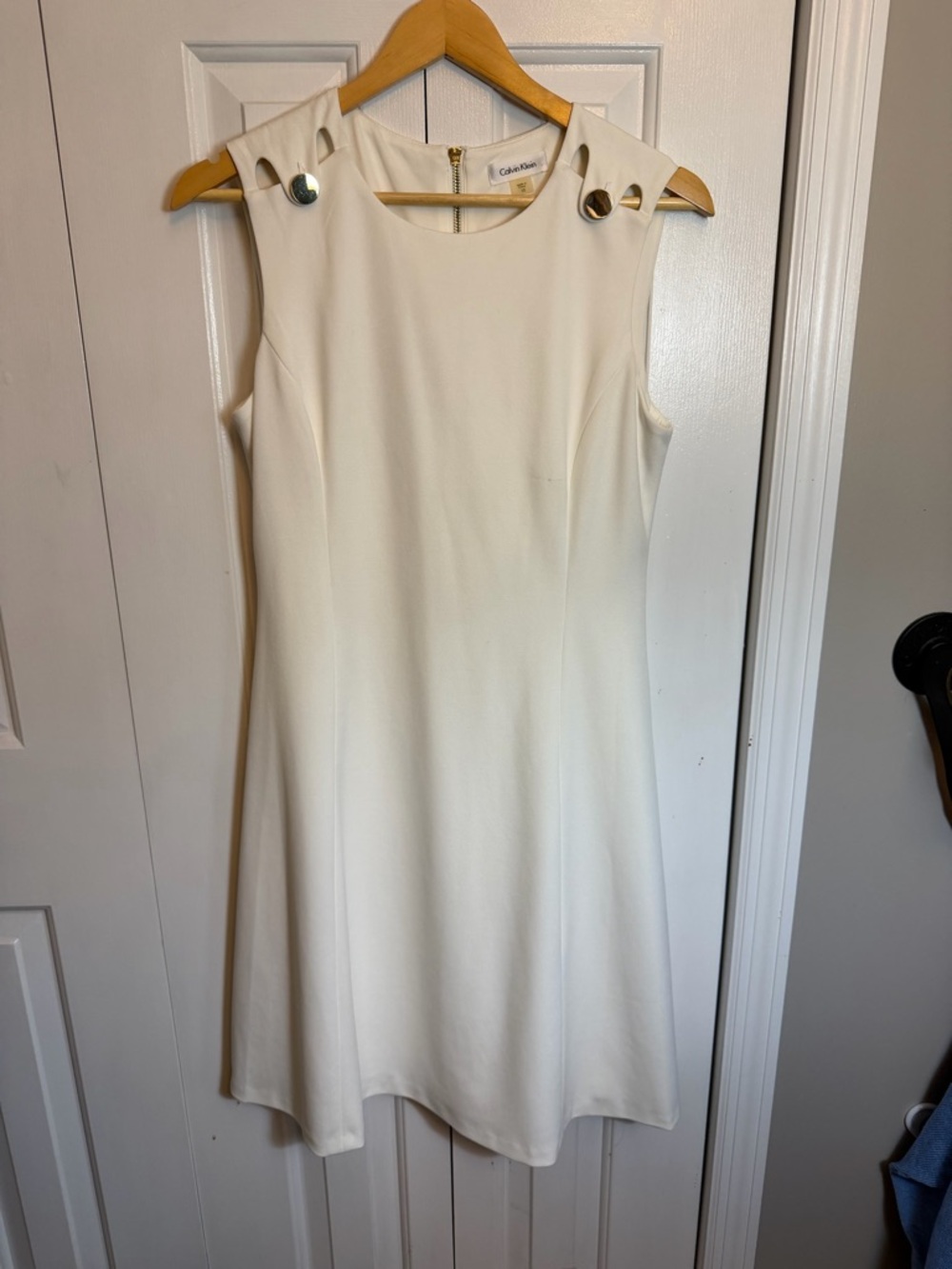 Calvin Klein Ivory Sleeveless A-Line Dress with Gold Shoulder Accent 10